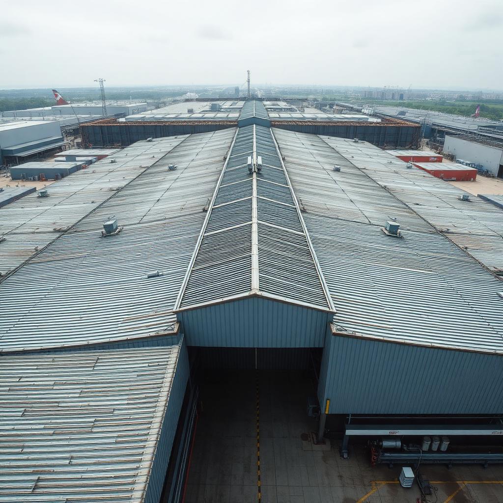 Telhado industrial de grande porte impermeabilizado em galpão fabril